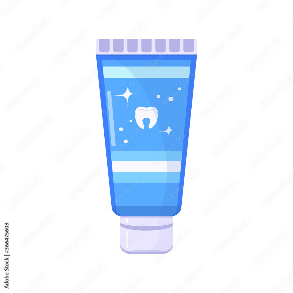 Toothpaste of blue tube flat icon. Dental care hygiene. Vector stock illustration in cartoon style isolated on white background. Toothpaste of blue tube flat icon. Dental care hygiene. Vector stock illustration in cartoon style isolated on white background.