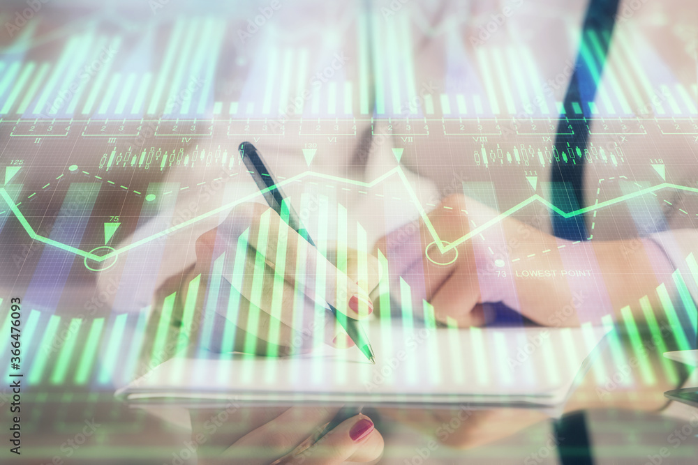 Multi exposure of woman's writing hand on background with data technology hud. Big data concept. Multi exposure of woman's writing hand on background with data technology hud. Big data concept.