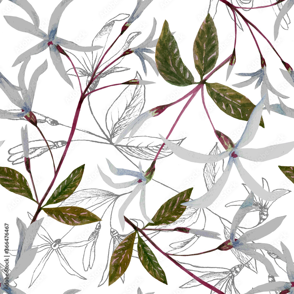Fototapeta premium White flowers seamless watercolor pattern