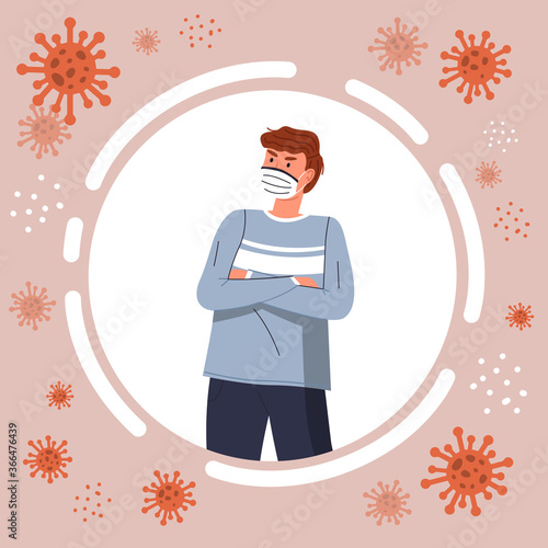 Man in protective medical face mask. Caring for health at flu epidemic time. Concept of coronavirus quarantine. Young man wearing white mask at background of flying virus particles in circle frame