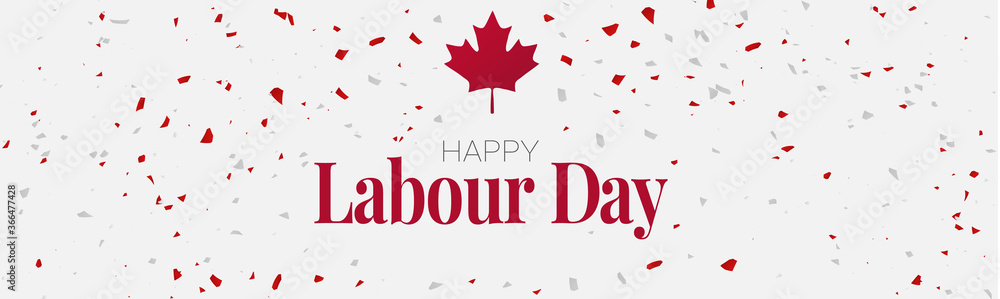 Happy Labour Day. Canada red and white colors confetti and a maple leaf. Banner or header with lettering. Simple vector illustration.