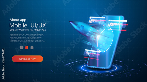 Isometric Concept Business Startup. The rocket takes off from portal of the mobile phone augmented reality on blue background. Design concept augmented reality. AR and VR Development. Media Technology