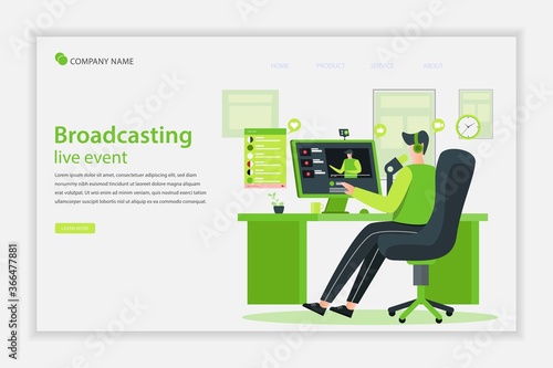Broadcasting live event concept landing page with a man live streaming on a computer. Concept live streaming for web page, banner, presentation. Video conferencing and online communication.
