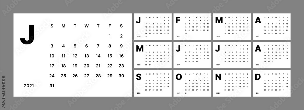 Wall calendar template for 2021 year. Planner diary in a minimalist style. Week Starts on Sunday. Monthly calendar ready for print. Wall calendar template for 2021 year. Planner diary in a minimalist style. Week Starts on Sunday. Monthly calendar ready for print.