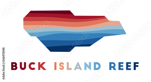 Buck Island Reef map. Map of the island with beautiful geometric waves in red and blue colors. Vivid Buck Island Reef shape. Vector illustration.