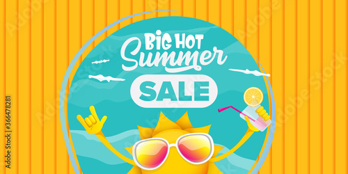 summer sale cartoon horizontal web banner or vector label with happy sun character wearing sunglasses and holding cocktail isolated on horizontal background
