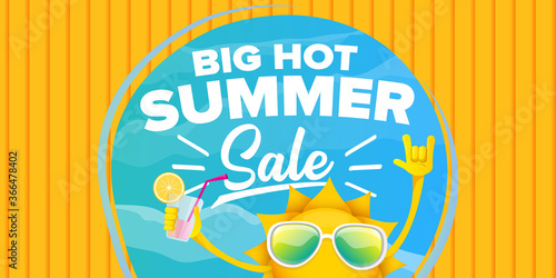 summer sale cartoon horizontal web banner or vector label with happy sun character wearing sunglasses and holding cocktail isolated on horizontal background