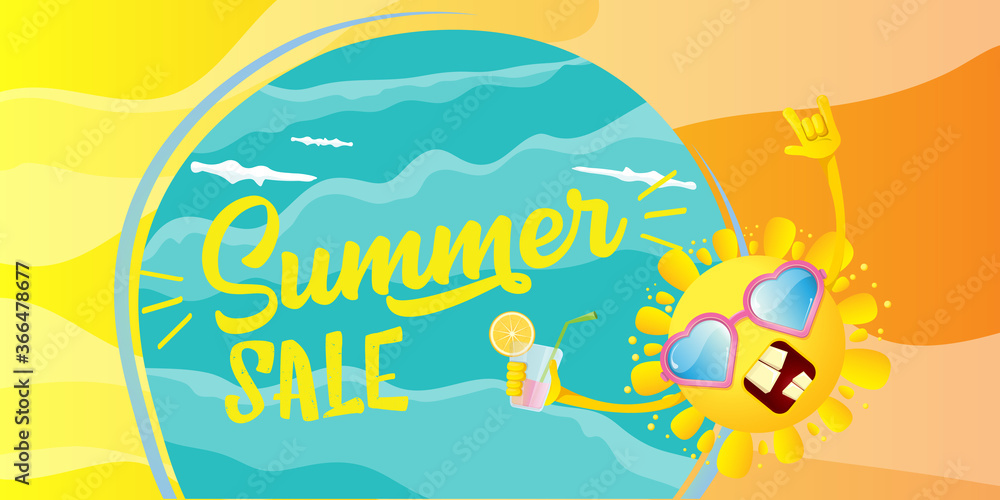 summer sale cartoon horizontal web banner or vector label with happy sun character wearing sunglasses and holding cocktail isolated on horizontal background