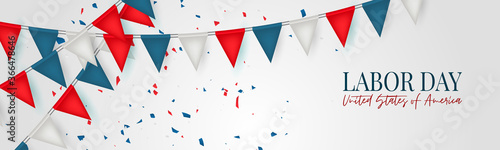 Labor Day banner or header. USA national federal holiday design. American flag colors blue and red bunting. Realistic vector illustration.