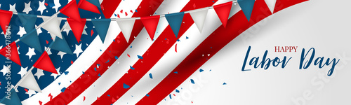 Labor Day banner or header. USA national federal holiday template design. American flag with red and blue bunting background. Realistic vector illustration.