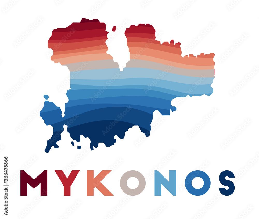 Obraz premium Mykonos map. Map of the island with beautiful geometric waves in red and blue colors. Vivid Mykonos shape. Vector illustration.