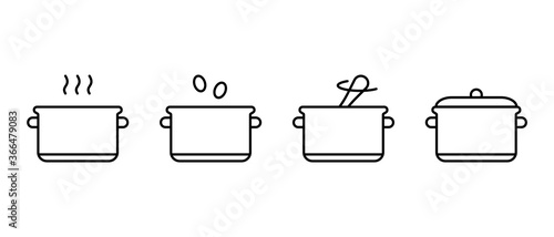 Porridge or cereal basic instruction. Cooking rice, millet, buckwheat, oatmeal on stove. Linear icon of saucepan with boiling water, lid, spoon. Contour isolated vector illustration, white background