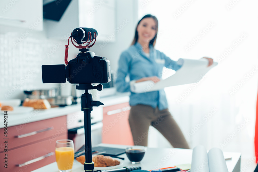 Camera with microphone on tripod in the kitchen Camera with microphone on tripod in the kitchen