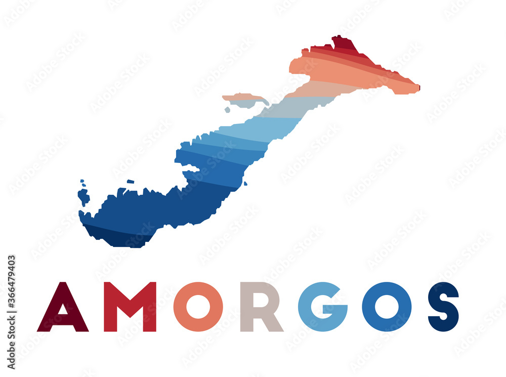 Obraz premium Amorgos map. Map of the island with beautiful geometric waves in red and blue colors. Vivid Amorgos shape. Vector illustration.