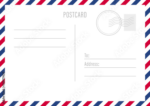 Postcard reverse side template. White sheet with lined text and striped border. Vector illustration.