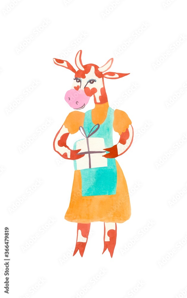 Fototapeta premium Christmas watercolor cow with a gift and an apron. Festive illustration for the New Year on an isolated white background in orange, red, blue. Design for cards, banners, posters.
