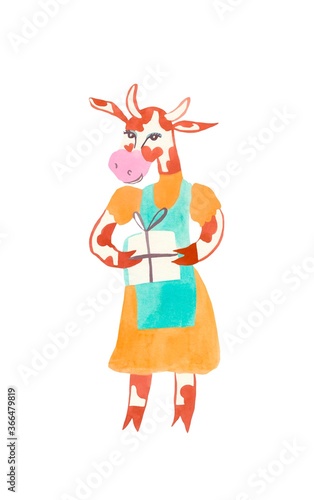 Christmas watercolor cow with a gift and an apron. Festive illustration for the New Year on an isolated white background in orange, red, blue. Design for cards, banners, posters.