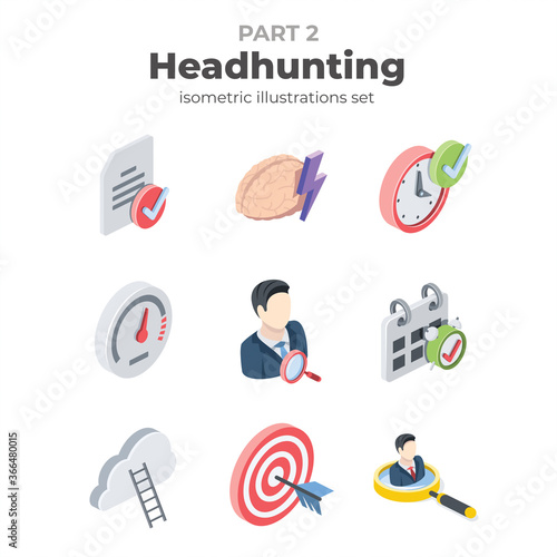 Headhunting vector 3d line isometric, color web icons set, new flat style. Creative illustration, idea for infographics.