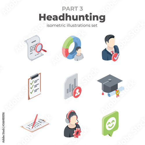 Headhunting vector 3d line isometric, color web icons set, new flat style. Creative illustration, idea for infographics.