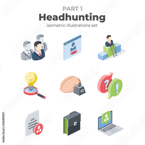 Headhunting vector 3d line isometric, color web icons set, new flat style. Creative illustration, idea for infographics.