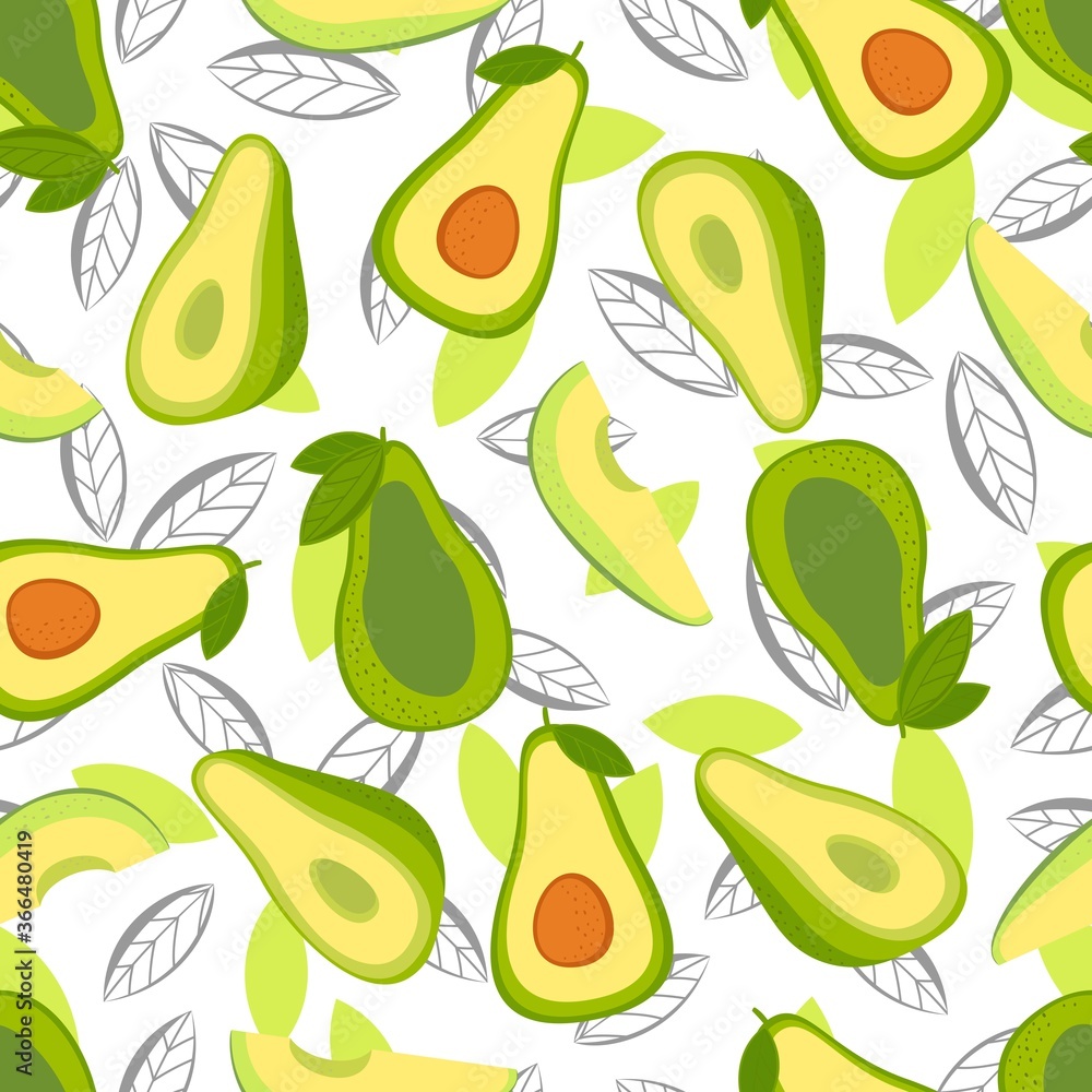 Vector seamless background with avocado fruit slices on a white background. Texture for eco and healthy food seamless pattern for kitchen, for printing on summer textiles and phone case. Vector seamless background with avocado fruit slices on a white background. Texture for eco and healthy food seamless pattern for kitchen, for printing on summer textiles and phone case.