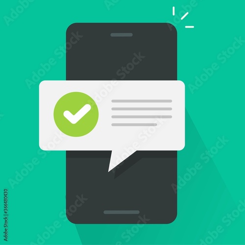Push notice notification message on mobile phone, smartphone cellphone sms speech bubble with updated checkmark tick and text vector flat cartoon, digital update completion or accepted alerts