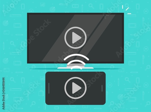 Smartphone screen sharing multimedia app wirelessly or phone cellphone connected to TV streaming and watching video content mobile technology vector flat cartoon illustration isolated modern design