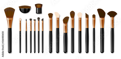 Set of Professional golden makeup brushes isolated on white background. Realistic Powder Blush, Eye Shadow, Brush or Brow. Vector illustration