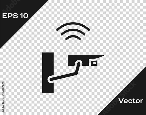 Black Smart security camera icon isolated on transparent background. Internet of things concept with wireless connection. Vector.