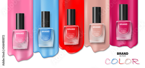 Fashion various colors nail lacquer ads. Nail polish splatter on white background for design Cosmetics and fashion background. 3d illustration