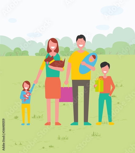 Big family together in park or forest having holiday. Father holding baby in hands. Mother with dog and daughter. Vector illustration in flat style