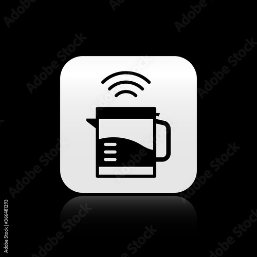 Black Smart electric kettle system icon isolated on black background. Teapot icon. Internet of things concept with wireless connection. Silver square button. Vector.