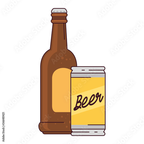 bottle with can of beer on white background