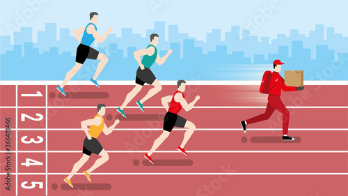 Delivery business competition concept. Faster deliveryman running win over runners athlete in the race track.