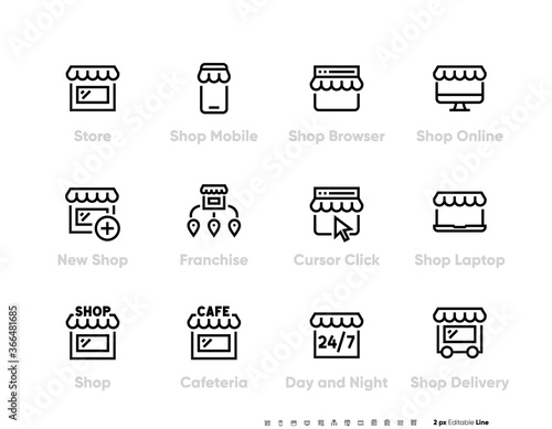 Store or Shop icon set. Franchise Business and Online Shopping Interaction, Click, Buy, Delivery. Vector Editable Line Shop icon.