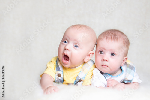 Fotografia baby twins boys looking suprised lying on a soft blanket with copy space