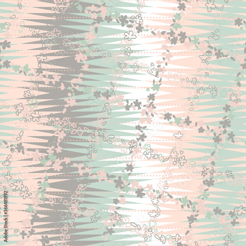 Fototapeta Naklejka Na Ścianę i Meble -  Modern vector seamless pattern with simple flowers and abstract chevron background. Fabric look geometric repeat in retro pastel colors with zig zag shapes