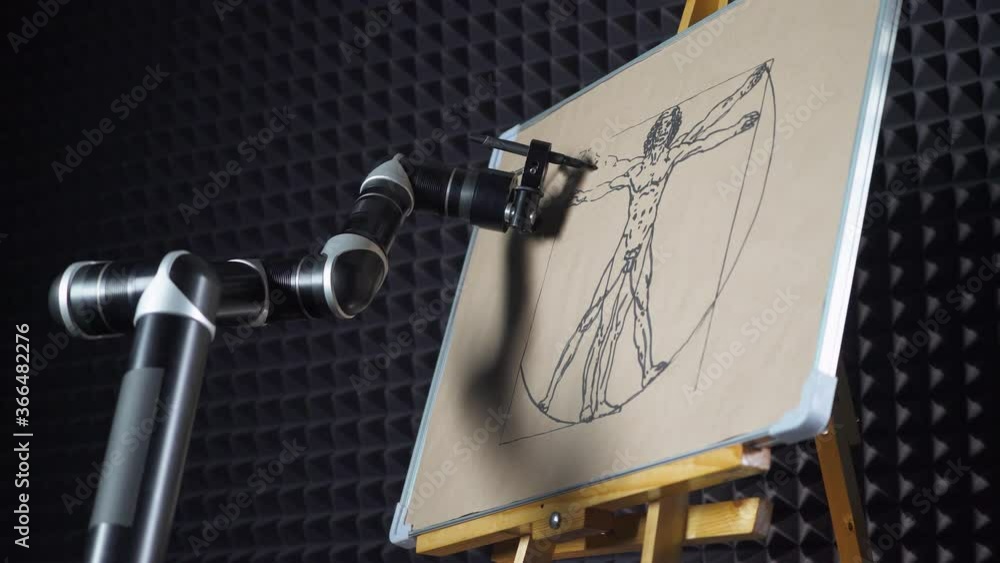 Programmed robot draws and reproduces a picture of Vitruvian Man by