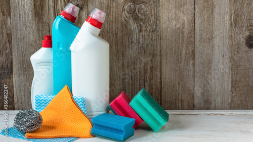 Cleaning products for cleaning, sponges and rags. Copy space.