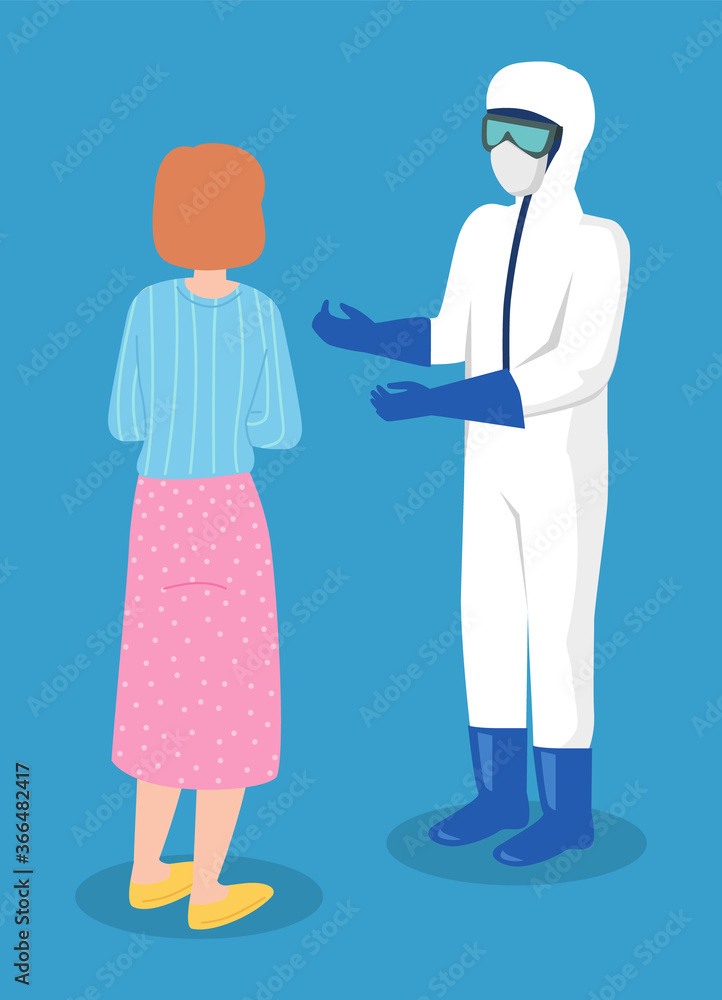 Obraz premium Professional doctor wearing protective suits and consulting to patient woman, virus outbreak emergency concept, coronavirus protection advice. Safety equipment and practice for doctors, workers