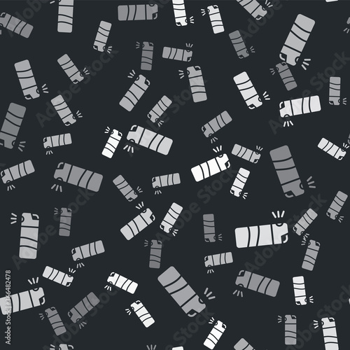 Grey Pepper spray icon isolated seamless pattern on black background. OC gas. Capsicum self defense aerosol. Vector.