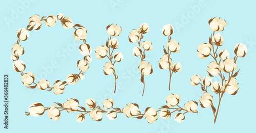 Cartoon flat cottonseed branch with white textured flower bolls, natural raw materials for eco textile industry, manufacturing high quality cotton fabric. Organic cotton plant vector illustration set