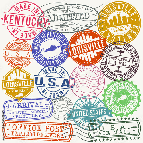 Louisville Kentucky Stamp Vector Art Postal Passport Travel Design Set Badge.