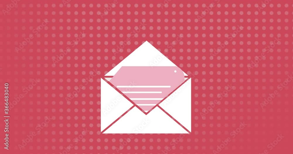 Animation of white envelope email icon on rows of dots on red background Animation of white envelope email icon on rows of dots on red background
