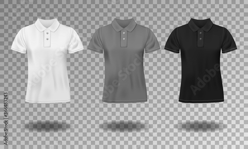 Black, white and gray realistic slim male polo t-shirt design template. Set of short sleeve t-shirts for sport, men classic polo. Vector illustration