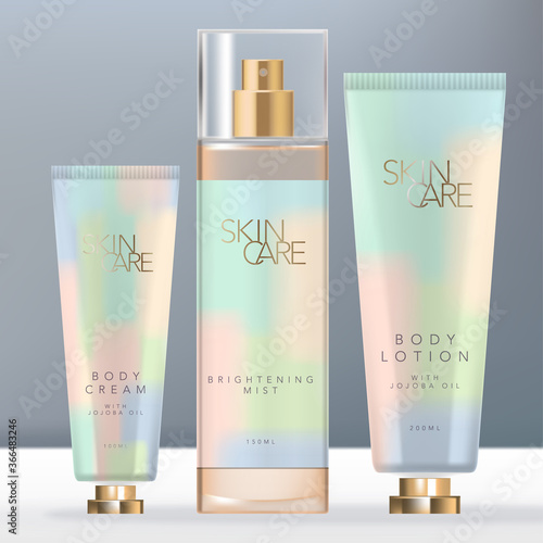 Vector Beauty or Skin Care Screw Cap Hand Cream Tube & Transparent Body Mist Spray Bottle Packaging, Pastel Abstract Painting Design.