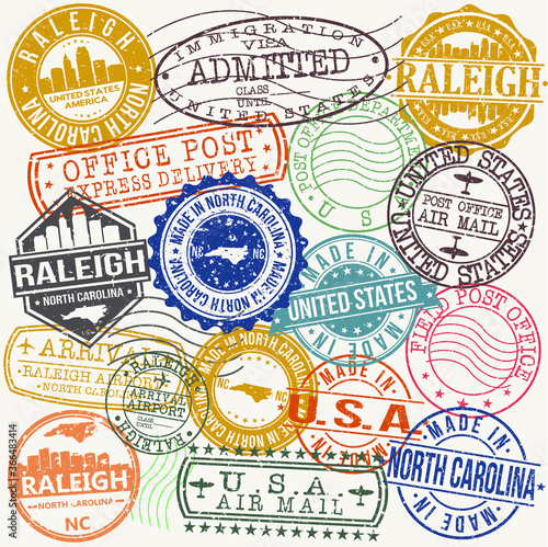 Raleigh North Carolina Stamp Vector Art Postal Passport Travel Design Set Badge.