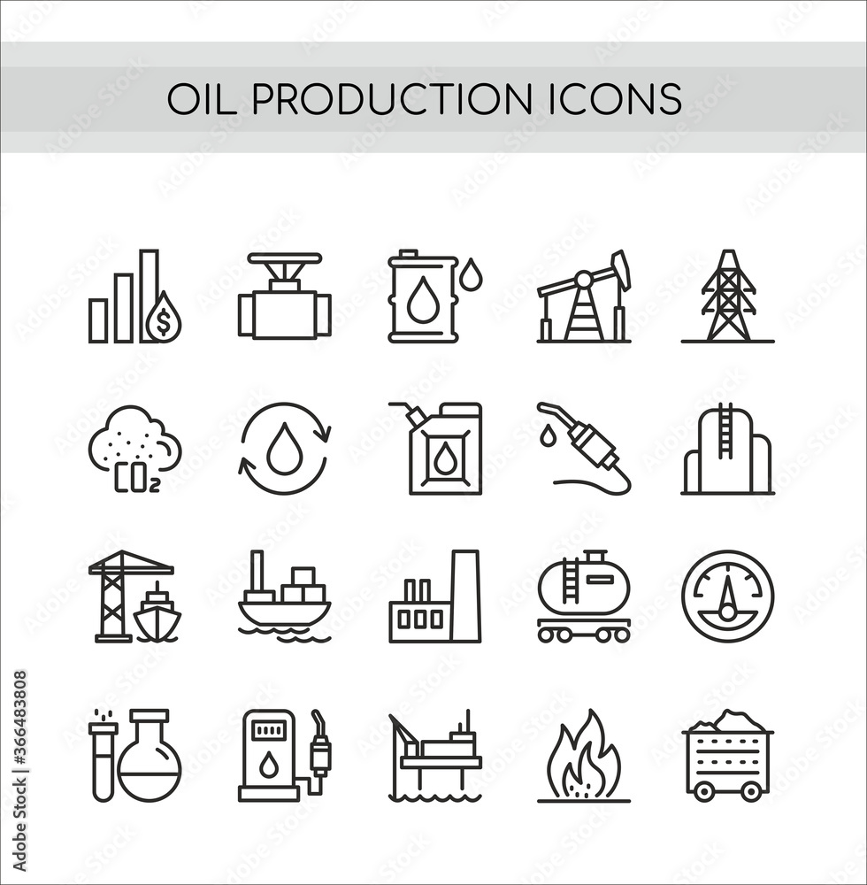 Oil production vector illustration set. Flat thin line icons collection of extraction in oilfield drilling pump station, tanker ship or truck transportation, pollution and refinery oil plant symbols