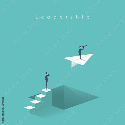 Business leader and leadership vector concept with businessman on a paper plane flying.