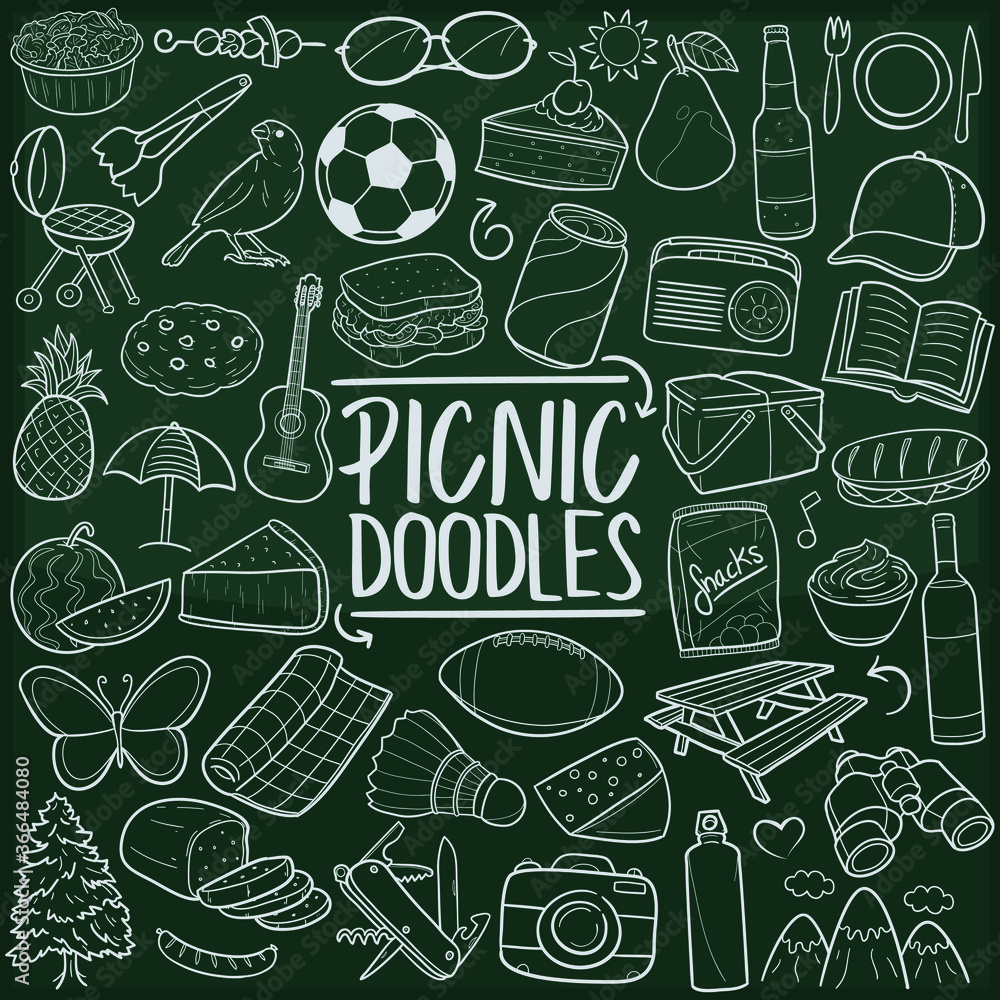 Picnic Recreation Nature. Family and Friends Camper Dinner. Traditional Doodle Icons Sketch Hand Made Design Vector. 